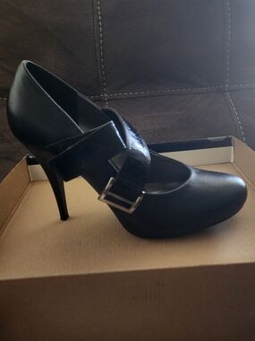 Andrea Black High-Heel Mary Jane Pump with Buckle